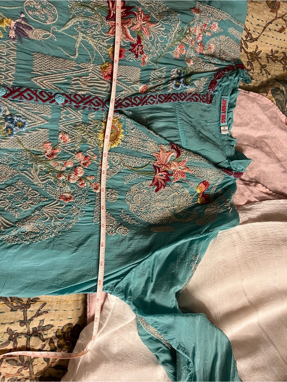 Johnny Was Embroidered silk Turquoise Floral Button-Front Women's Top - Picture 13 of 16